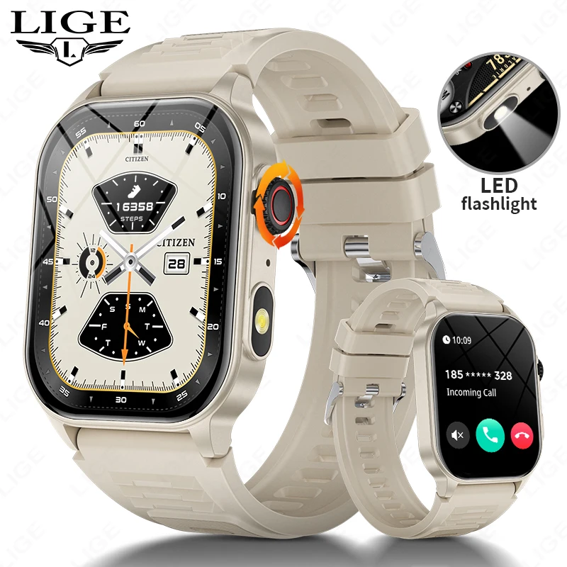 

LIGE 2025 New For Android Military Smart Watch LED Flashlight Outdoor Sports Heart Rate 2.01" BT Call Smartwatch 370mAh Battery