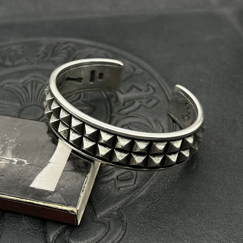 

S925 sterling silver trendy retro double-layer rivet opening bracelet men and women niche high-end sense