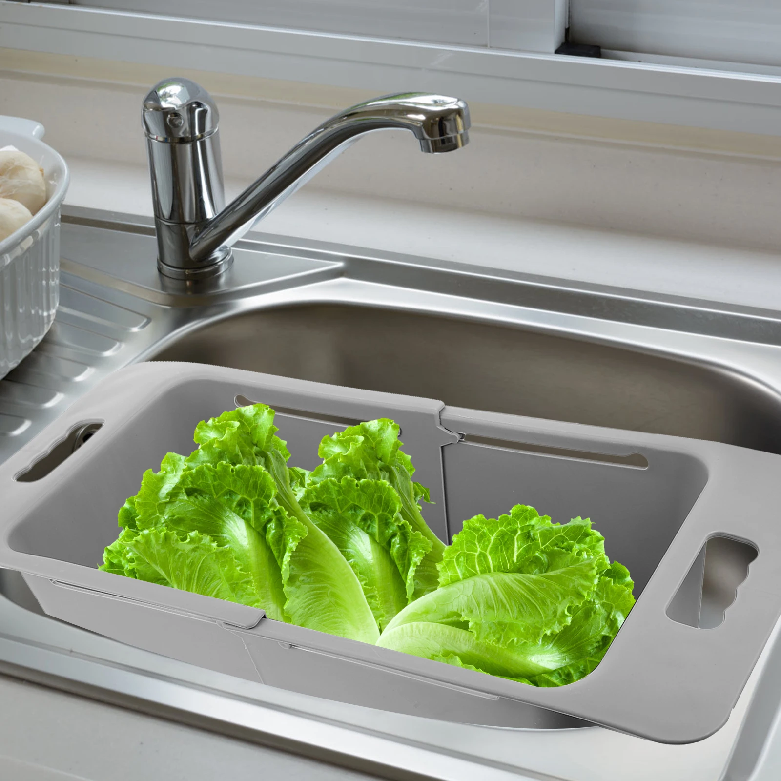

Retractable Sink Drain Rack Vegetable Basket Nordic Grey Kitchen Gadget PP Fruit Washing Strainer Storage Accessories