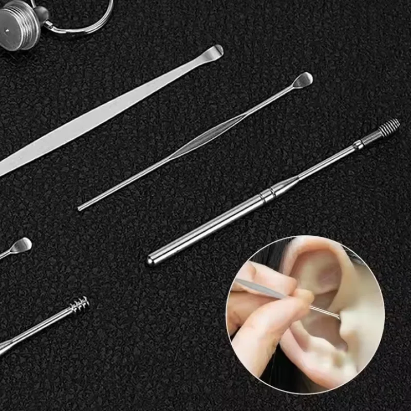 6pcs 스테인레스 스틸 귀 왁스 제거 도구 세트 나선형 회전 EarPicking 숟가락 귀 피커 스푼 청소 귀 왁스 수집