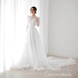Saudi Arab Wedding Dress Customized Long Sleeve Illusion Sequined Lace Court Train Bridal Gown Robe De Mariage Bride Dresses