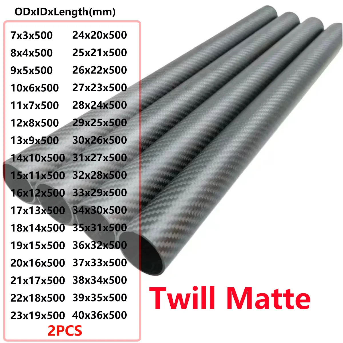 

2pcs Twill Matte Length 500mm 3K Carbon Fiber Tube High Composite Hardness Material 3K Twill Matte OD7-40mm Pipes