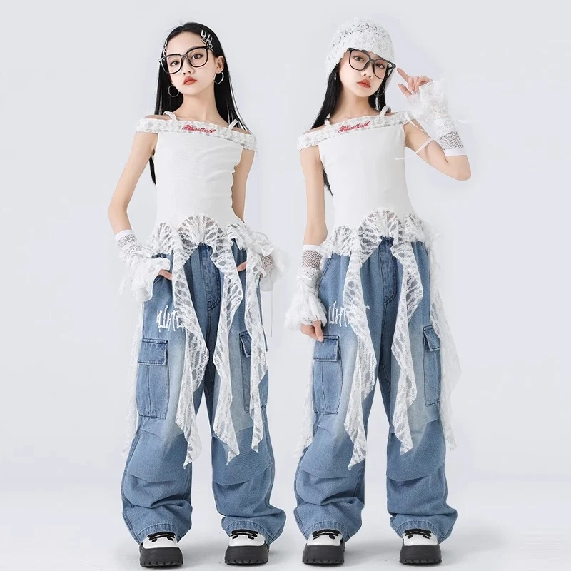 

Summer Jazz Dance Clothes Girls White Lace Tops Baggy Jeans Hip Hop Clothing Kids Kpop Modern Dance Performance Costume BL15791