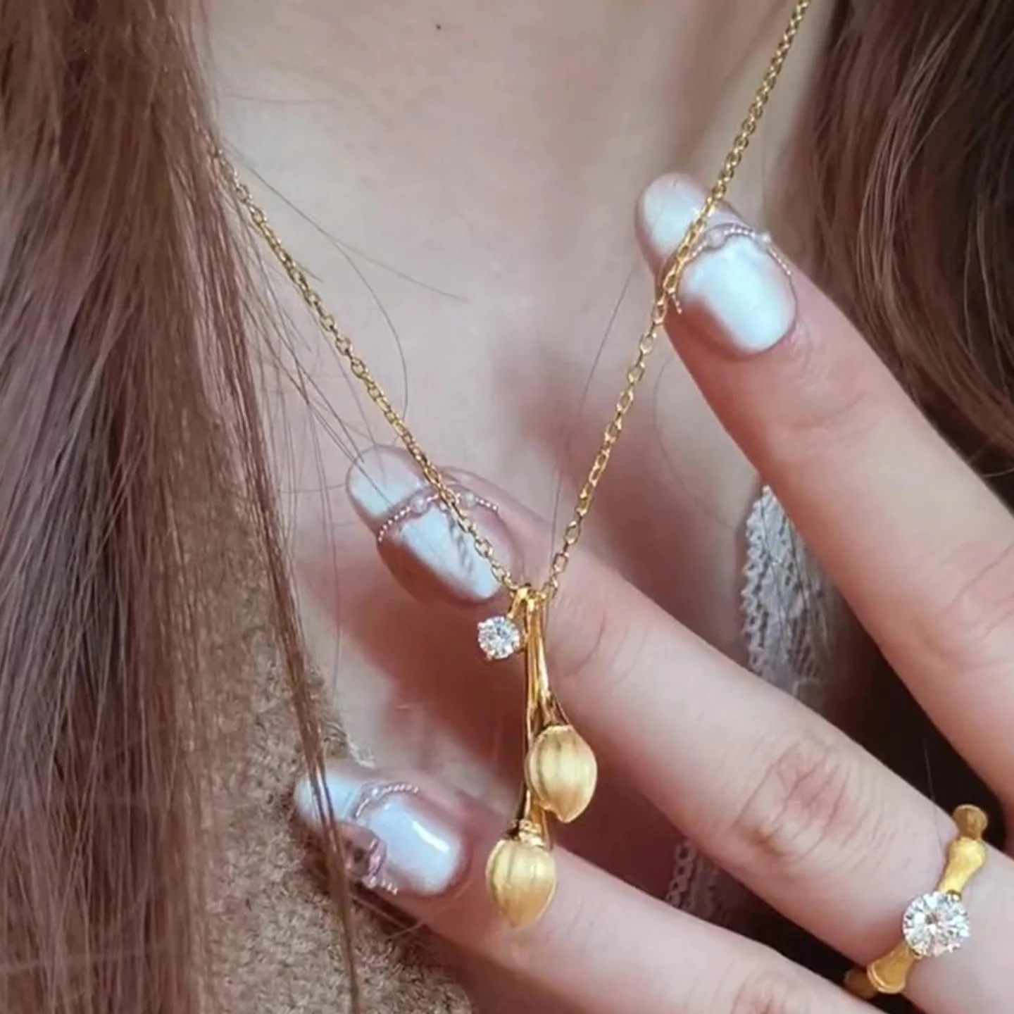 قلادة توليب ذهبية/فضية، قلادات على شكل توليب مصقولة للنساء، سلسلة سترة شتوية فاخرة #5