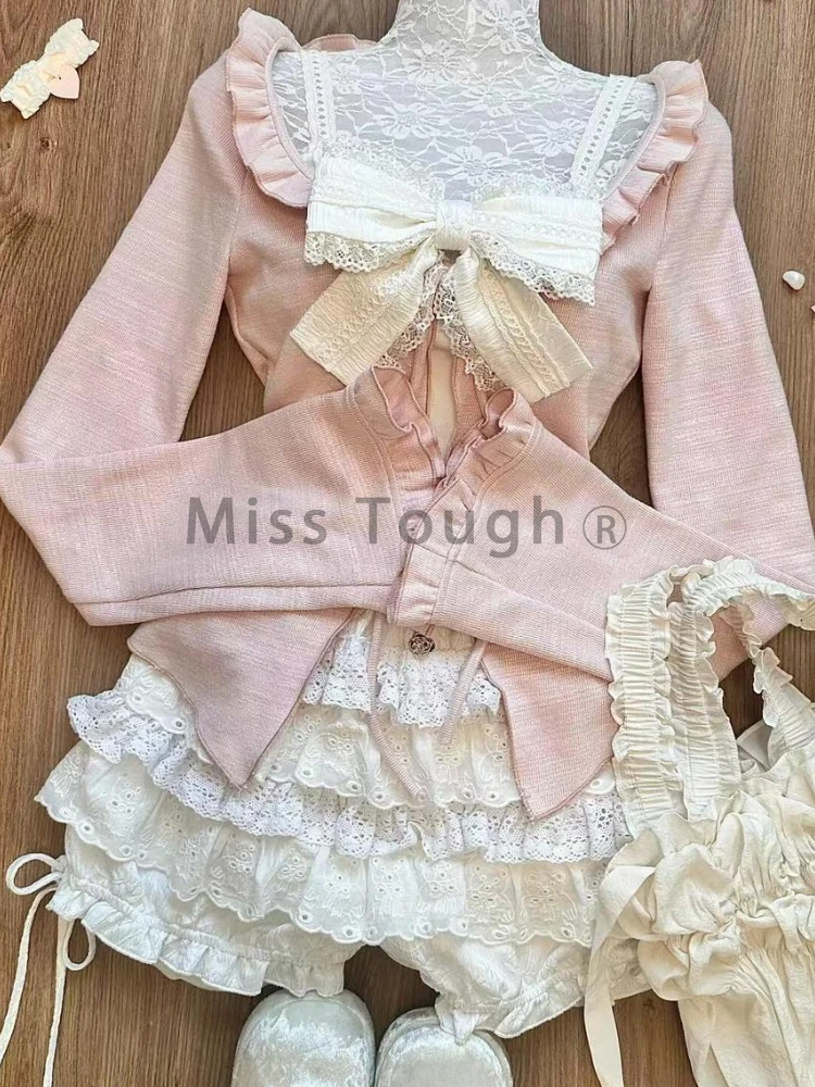 Autumn France Sweet Bow 3-piece Set Women Fashion Cute Long Sleeve Slim Cardigan Solid Sling + Thin High Waist Lace Skirt Suit