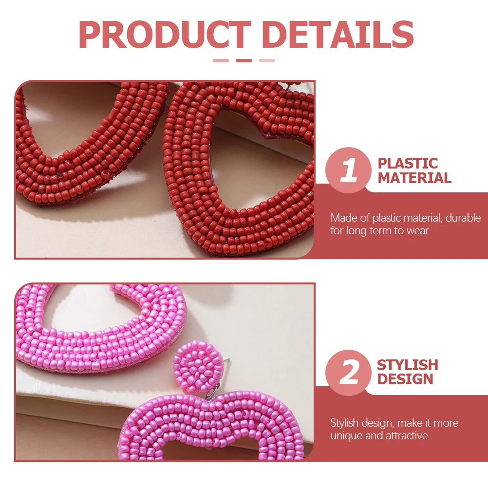 2Pairs Heart Earrings Trendy Beaded Drop Earrings for Girls Everyday Party Love Heart Dangle Jewelry Ear Jewelry