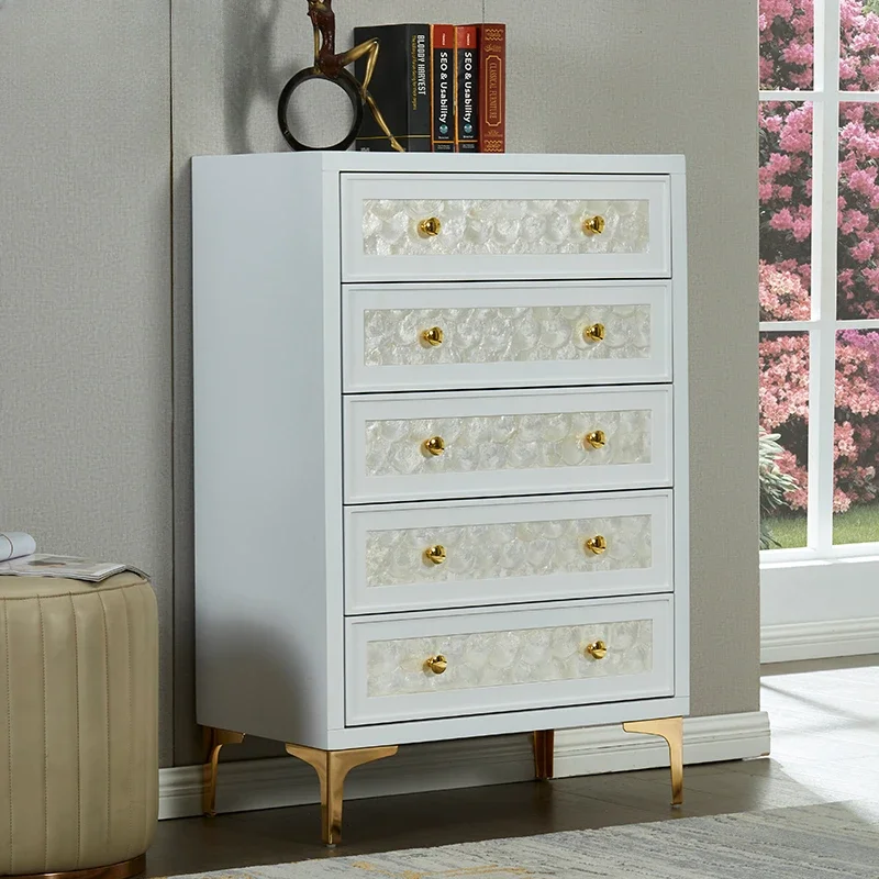 

American style minimalist solid wood drawers, bedroom storage cabinet, bucket cabinet, light luxury white shell decoration, edge