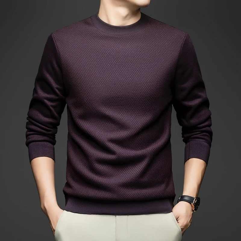 2025 T-shirt a maniche lunghe tinta unita girocollo da uomo casual, camicia base lavorata a maglia sottile da uomo trendy e semplice