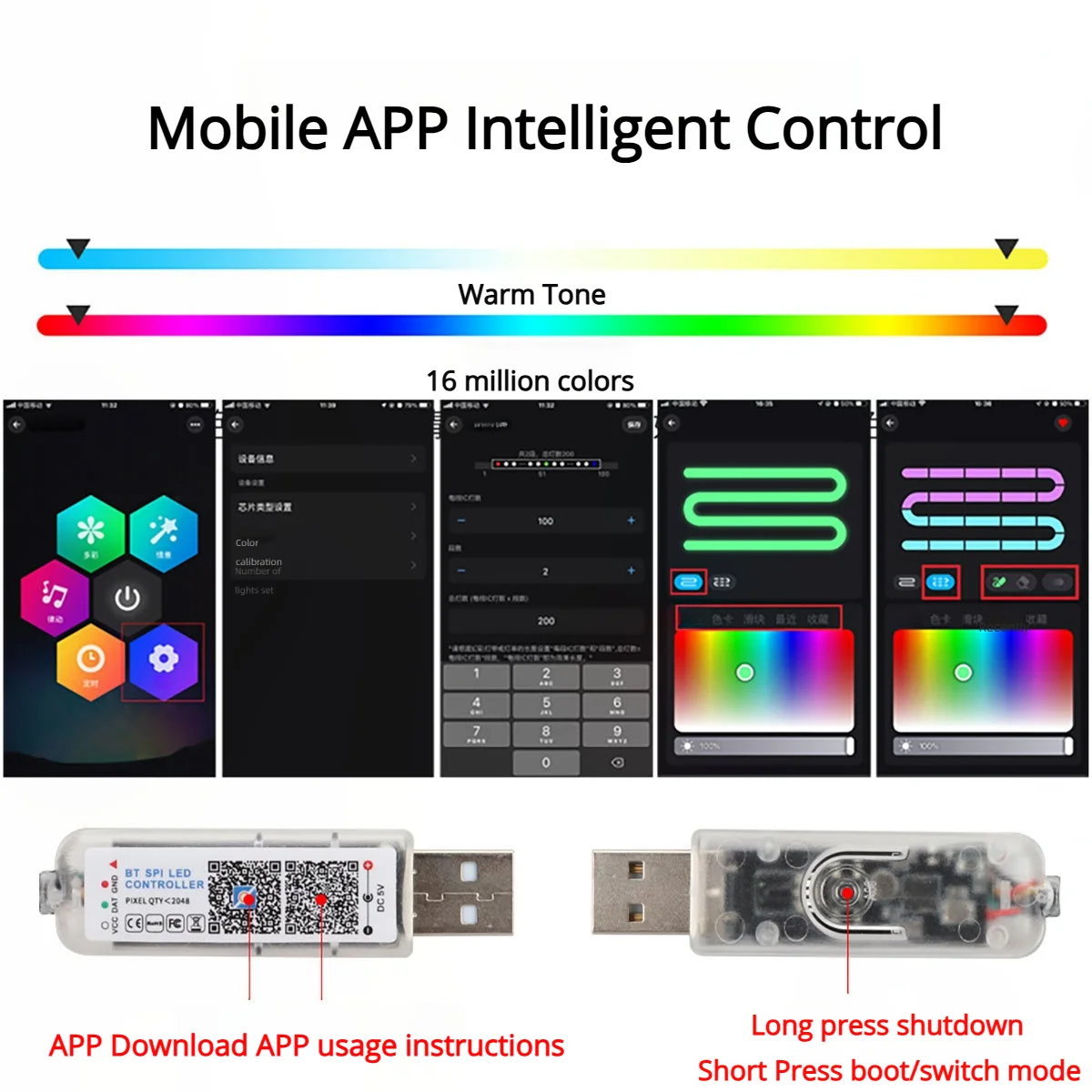 

App Controlled Car Ambient LED Strip With 3 Ways Control Multi-Color RGB Flowing Mode Hidden Interior Light