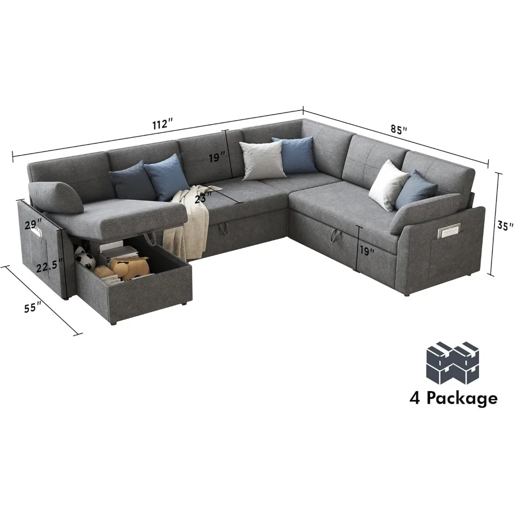 Sofa Bed, 112 Inch Sleeper Couch with Storage Chaise, Oversized U Shaped Sofa with Pull Out Sofa Bed, Sectional Couches