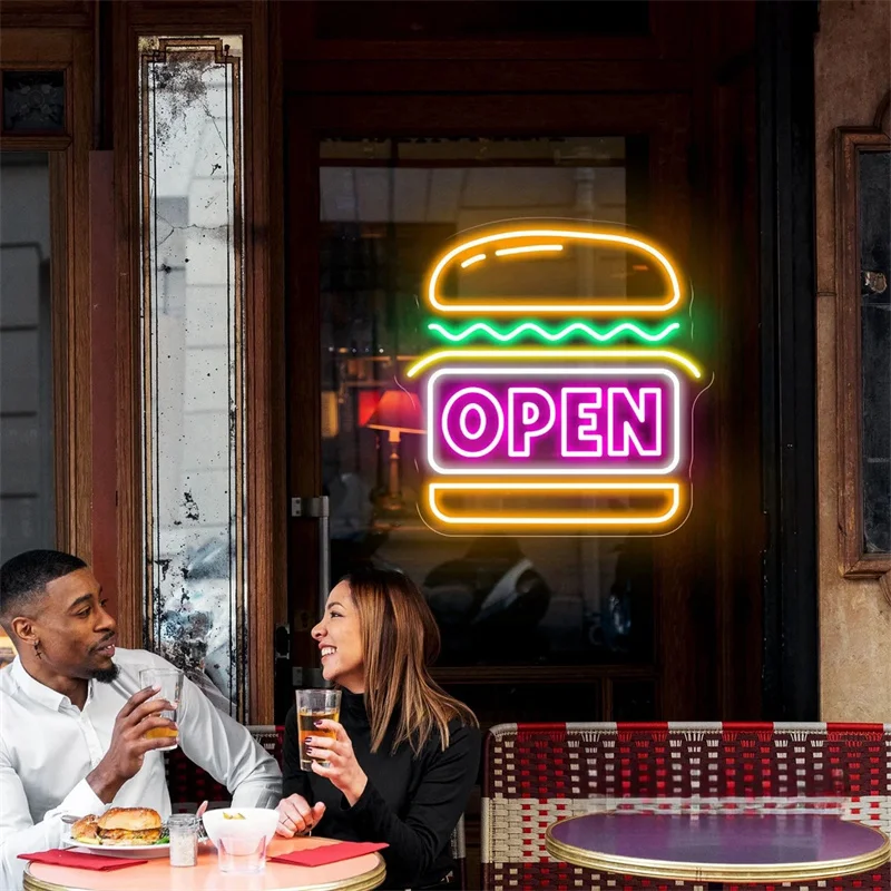 Burger Open Neon Sign Custom Hamburger LED Neon Light Up Sign Home Wall Decor Fast Food Coffee Shop Restaurant Bar Decoration