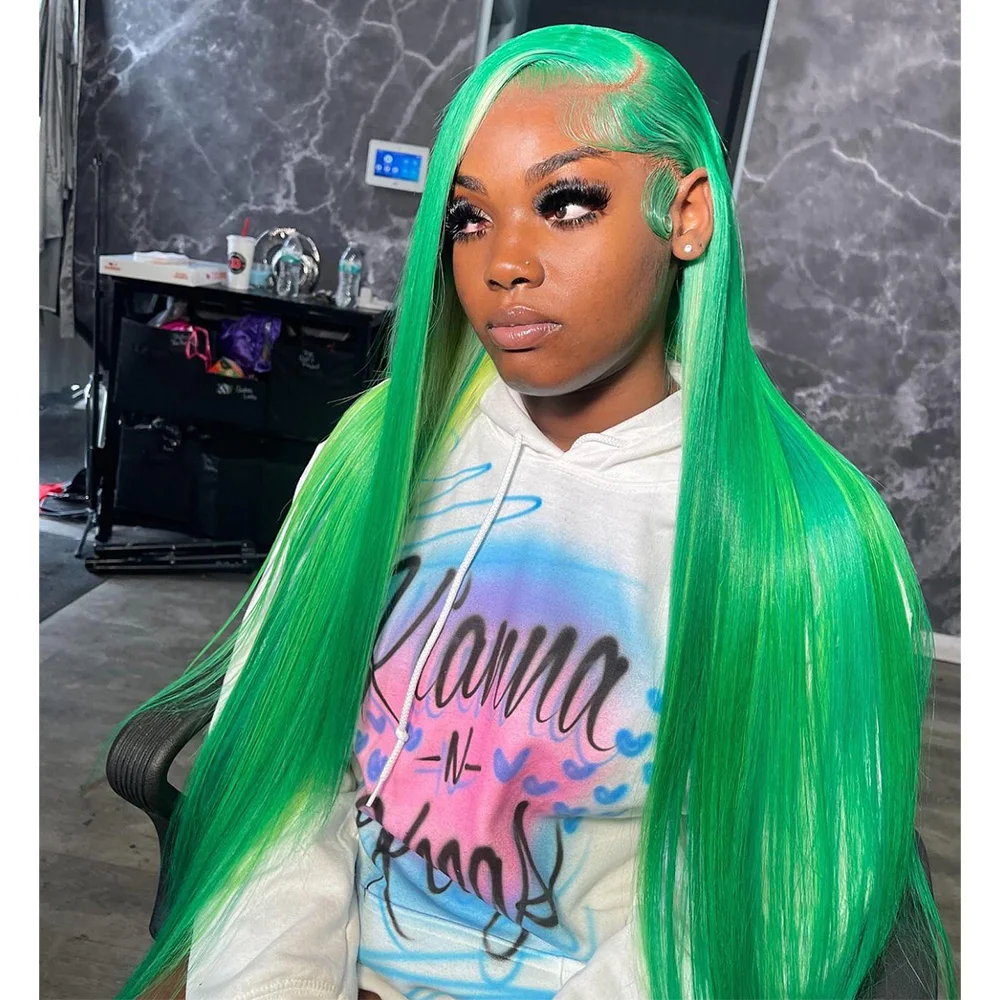 Linhua Solid Colored Lime Green Bone Straight 13X6 Lace Frontal Wig 180% Brazilian#613  Remy 13X4 Transparent Lace Wigs