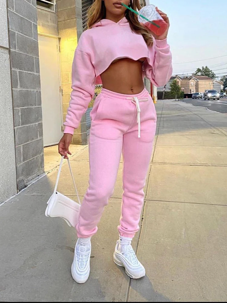 

Casual Sport Outfits Tracksuits Solid Loose Hooded Collar Short Pullovers+Drawstring Pockets Sweatpants Trend 2 Pcs Matching Set