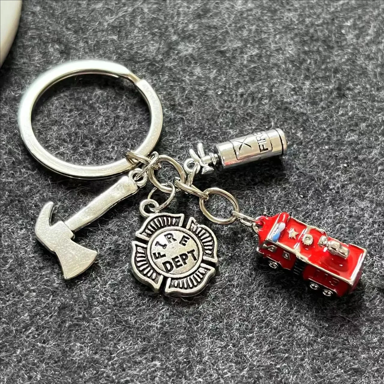 Fire Engine Fire Extinguisher Axe Fire Cap Fire Dept Fireman Firefighter KeyChain KeyRing Man Accessories Jewelry Pendant