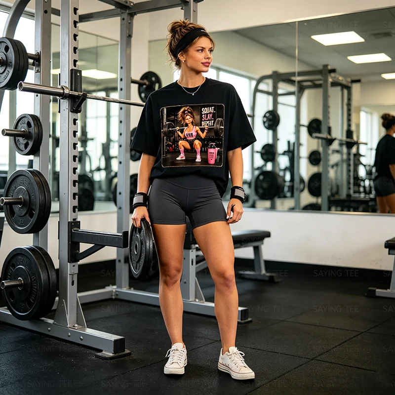 Lustiges Fitness-T-Shirt mit Meme-Humor: Ekelhaftes Gym-Girl, Y2K-Puppen-Gesicht, Damenmode, Gewichtheben-Grafik, Baumwollbekleidung – Detail 3