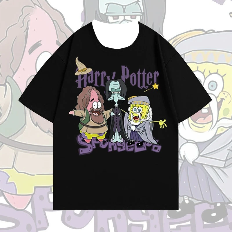 

Quick-drying SpongeBob and Harry Potter Cartoon Summer Short-sleeved T-shirt for Men and Women, Loose and Trendy Casual