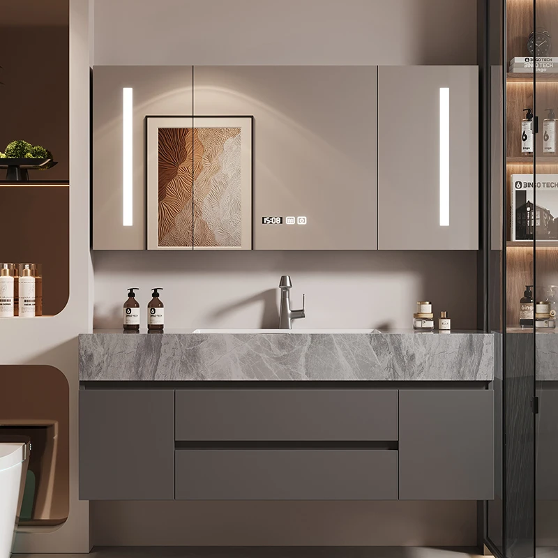 

Hotel Vanity Bathroom Cabinets Embedded Toiletries Toilet Fog Removal Bathroom Wash Up ​​Plywood Furniture Gabinete De Baño MH