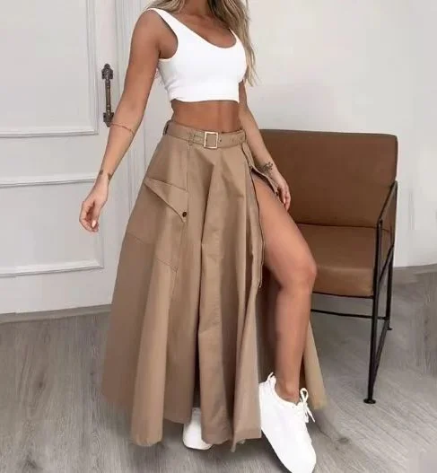 Mandylandy Elegant Skirts Sleeveless Vest Slit Belt Skirt Two-Piece Sets Outfits Women Summer Sexy Short Tank Tops Dress Sets