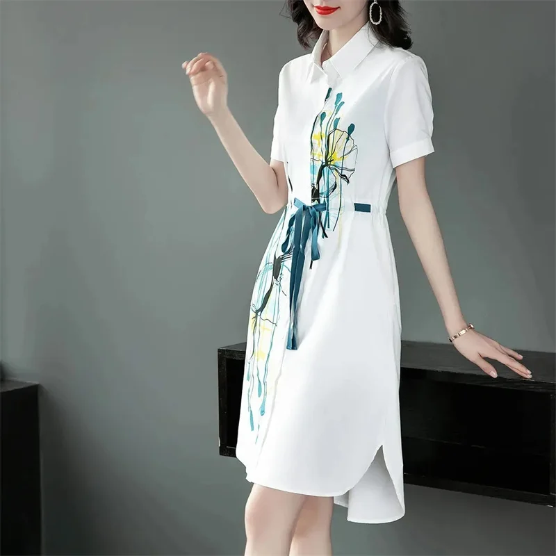 

Fashion printed Shirt Dress Female Loose The Waist Casual Lapel Collar Elegant Women Dress Sundress Long Shirt Big Size 5XL 2024