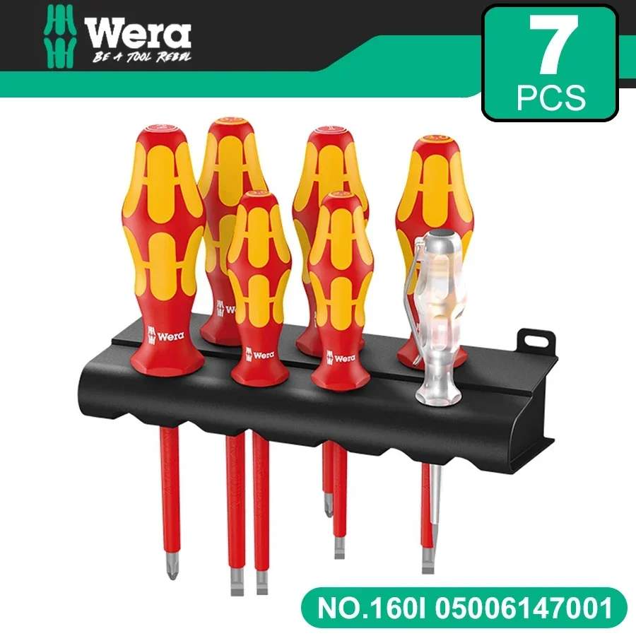 WERA 7 PCS 160 i/7 Juego de destornilladores aislados en rack Kraftform Plus Serie 100 con bolígrafo probador de voltaje y estante 05006147001