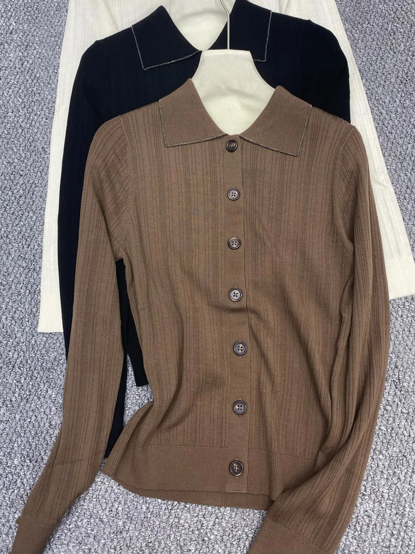 Women's Wool Polo Collar Groove Strip Slim Fit Slimming Long Sleeved Knitted Cardigan Top
