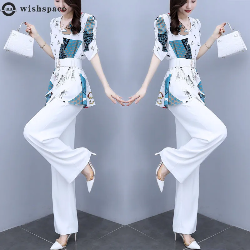 

2022 Summer New Age Reducing Slim Fashion Temperament Waist Closing Chiffon Shirt Wide Leg Pants Two Piece Women's Suit