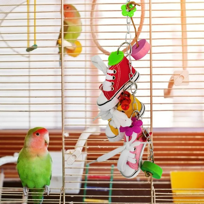 Parrot Mini Flower Pacifier Canvas Shoes Sneakers Bird Cage Decoration Durable Grinded Molar Bell String Wooden Toys 2pc/lot