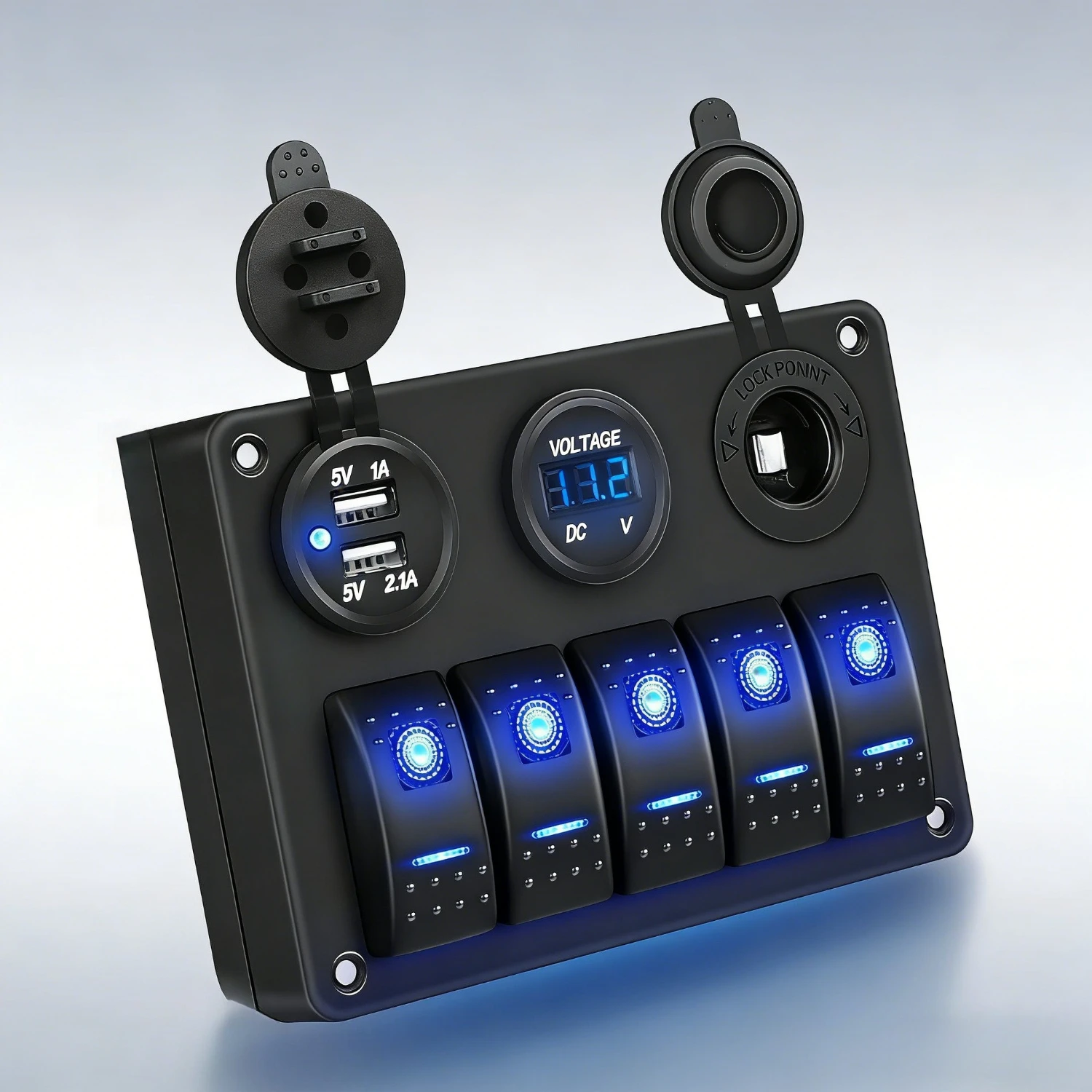 لوحة مفاتيح ألومنيوم سلكية مسبقًا من Waywe 5-Gang 12V-24V DC |   USB، ولاعة السجائر، ملصقات توهج الفولتميتر للسيارات، RVs، الشاحنات