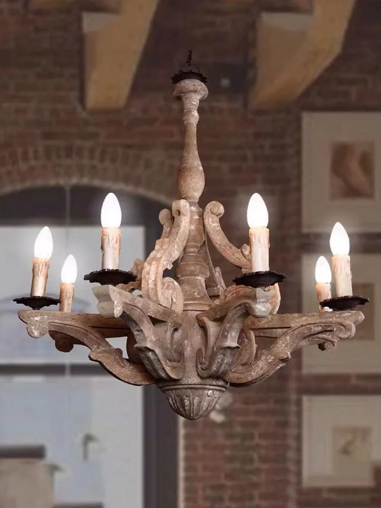 American Country Retro French Wooden Chandelier Mediterranean European Style Old Wrought Iron Candle Living Room Lamp