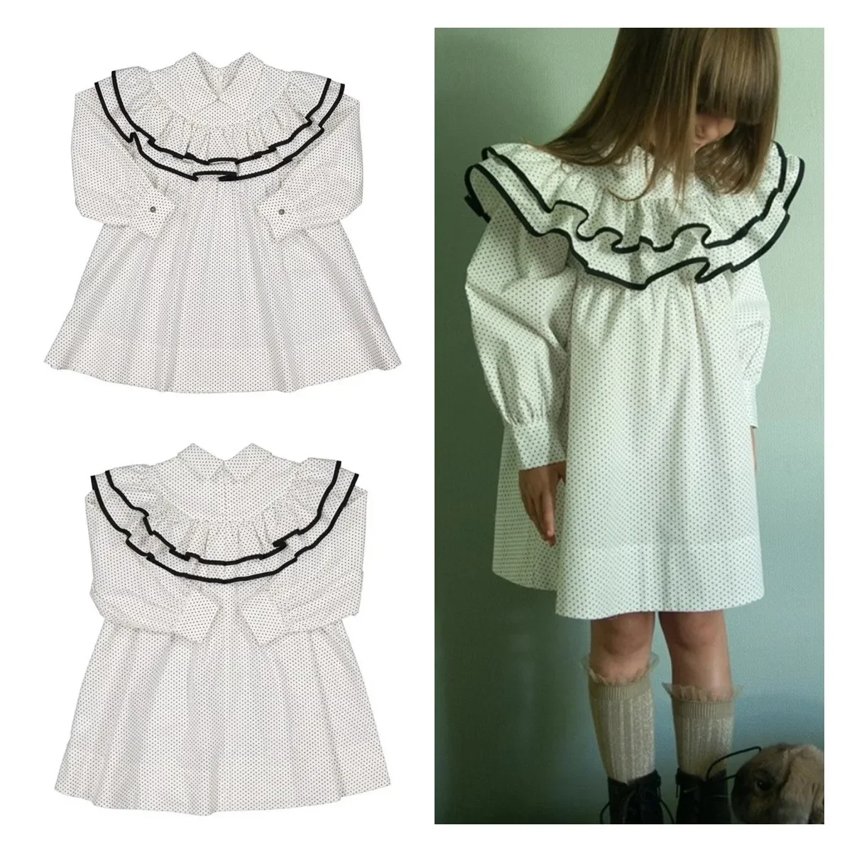 23 New Autumn and Winter White Dress Carbon Ruffled Collar Dress Girls Long Sleeve Double-layer A-line Dress