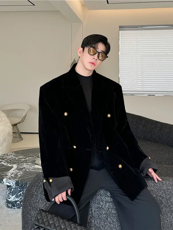 Trendy Velvet Double-Breasted Autumn Winter Men's Suit Jacket Korean Style Casual Fashionable Vintage Popular Long Sleeve Coat