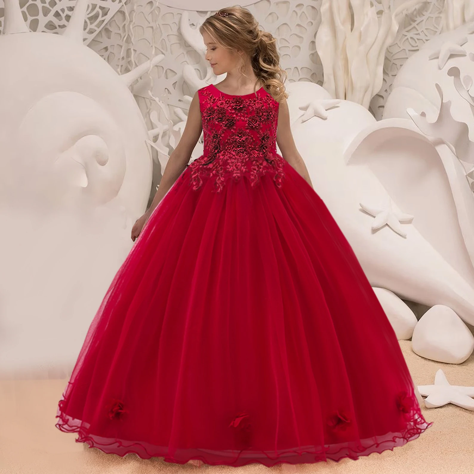 Elegant Flower Girls Wedding Dresses Christmas Costumes Tulle Bridesmaid Princess Party Dress Girl Birthday Gown Summer Clothing