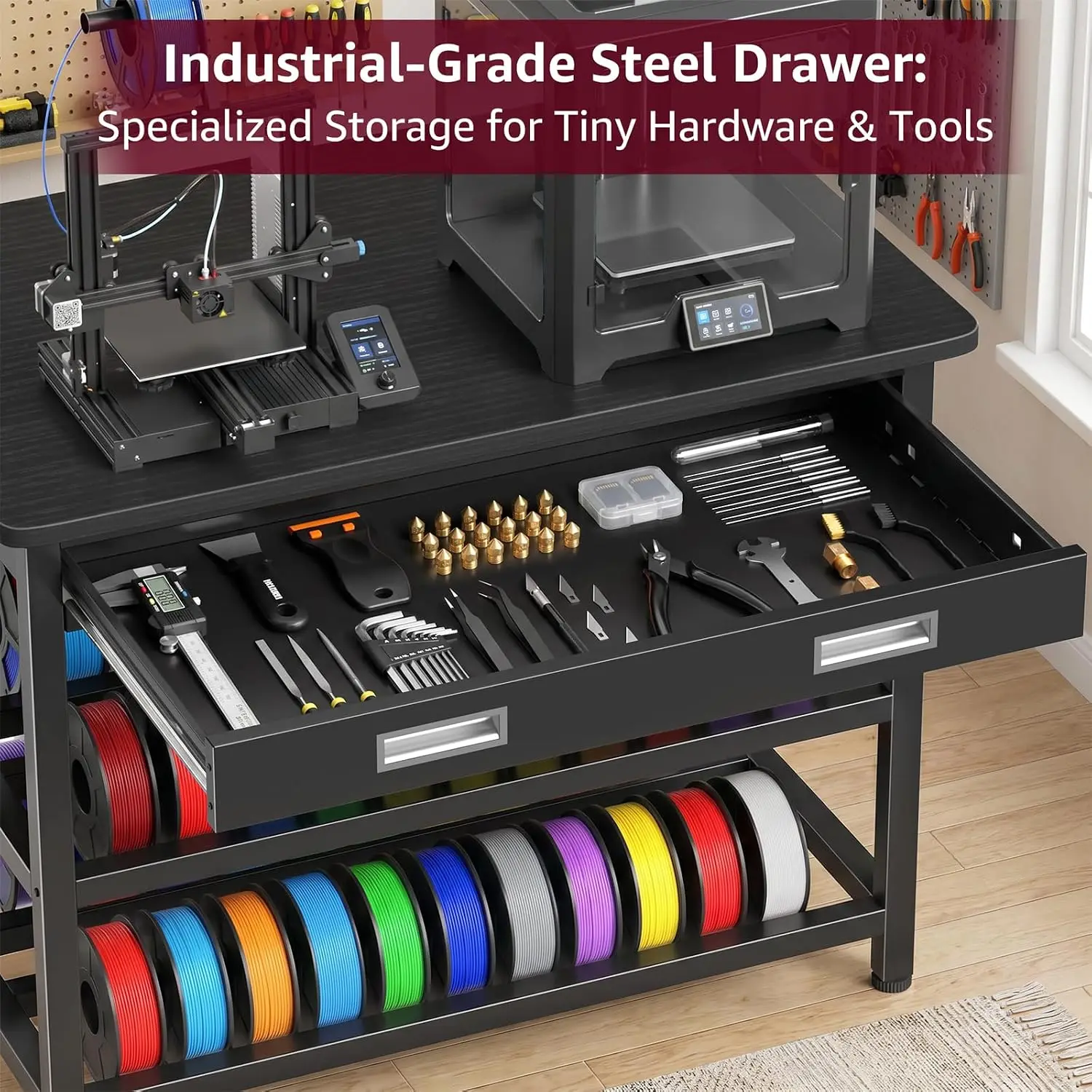 3D Printer Stand with Filament Storage - Heavy Duty 3D Printer Table with Metal Drawer, 36 inch 3 Tier Metal 3 D Printing Desk f