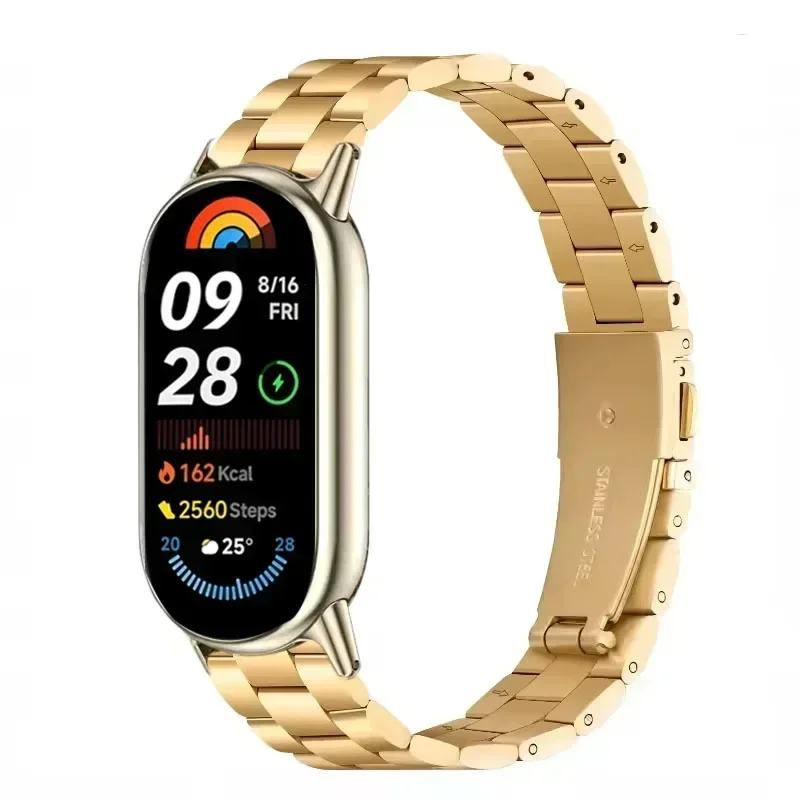 Stainless Steel Three-bead for Xiaomi Mi Band 10 Wristband Metal Strap for Xiaomi Mi Band 8/9 Stainless Steel Strap
