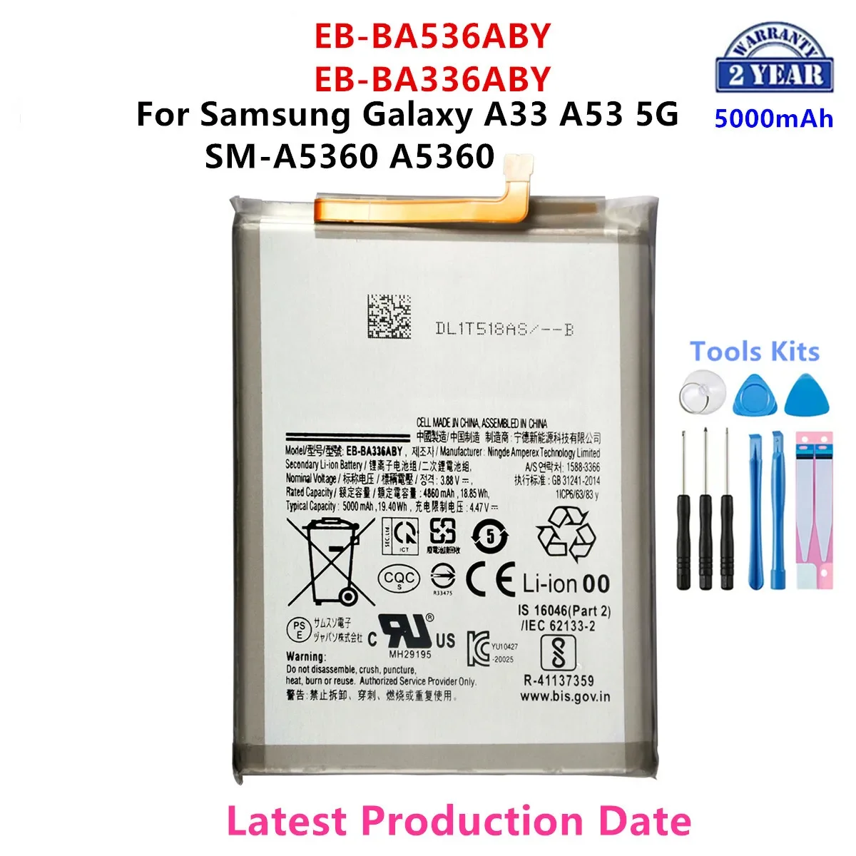 

Brand New EB-BA336ABY/EB-BA536ABY 5000mAh Battery For Samsung Galaxy A33 A53 5G SM-A5360 A5360 +Tools