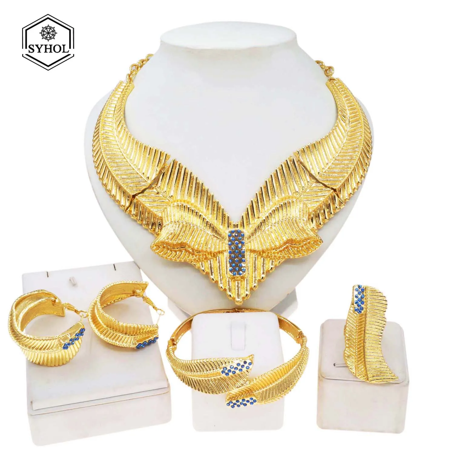 Women Necklace Luxury Wedding Jewelry Set Necklace Earrings 24K Pendant Gorgeous Ring Bracelet Wedding Gold Plated Jewelry Gift