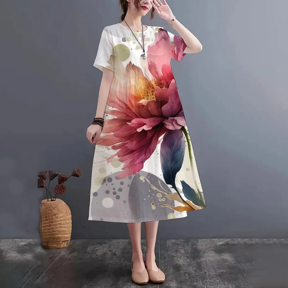 Women's Dress Painted Gold Watercolor Lotus Print Dress 3D Printing Process Fabric Soft And Comfortable Summer Fashion New