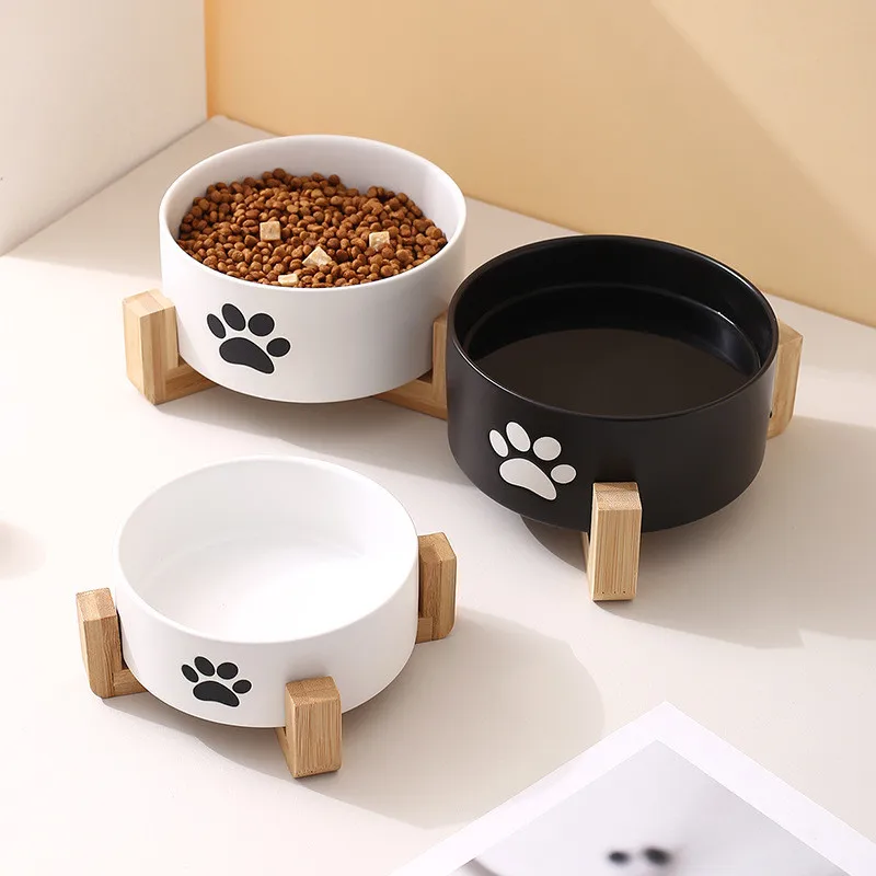 

Ceramic Pet Bowl Dish with Wood Stand No Spill Pet Ceramic Double Bowl for Dog Cat Food Water Feeder Cats Small Dogs Pet Bowl