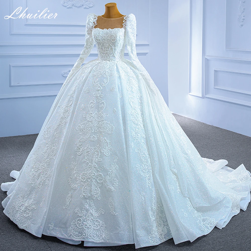

Lhuilier Customized Scoop Neck Ball Gown Lace Wedding Dresses Full Sleeves Beaded Bridal Gowns