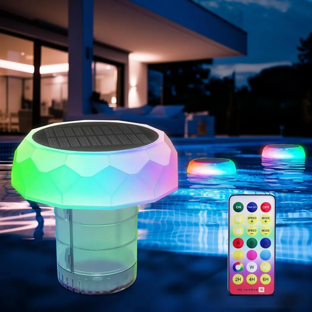 Pool Chlorine Floater with Solar Changing Lights - Hold Up to 5PCS 3-inch Chlorine Tablets (Not Included) for Pool & Decor