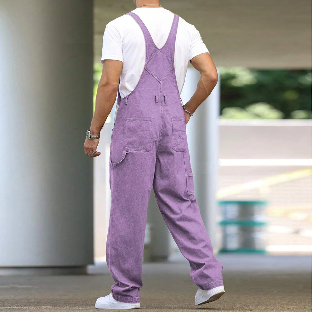 Men's Denim Bib Overalls Loose Streetwear Dungarees Multi-Pocket Cargo Coveralls Suspenders Workwear Purple Army Green