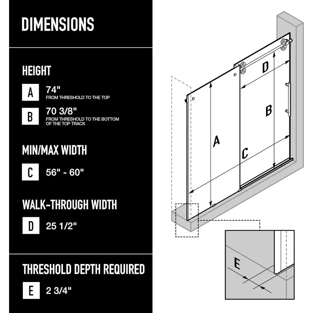 Adjustable Frameless Sliding Shower Door with Clear Tempered Glass, 56-60 in. W x 74 in. H,Shower Door Suitable for bathrooms