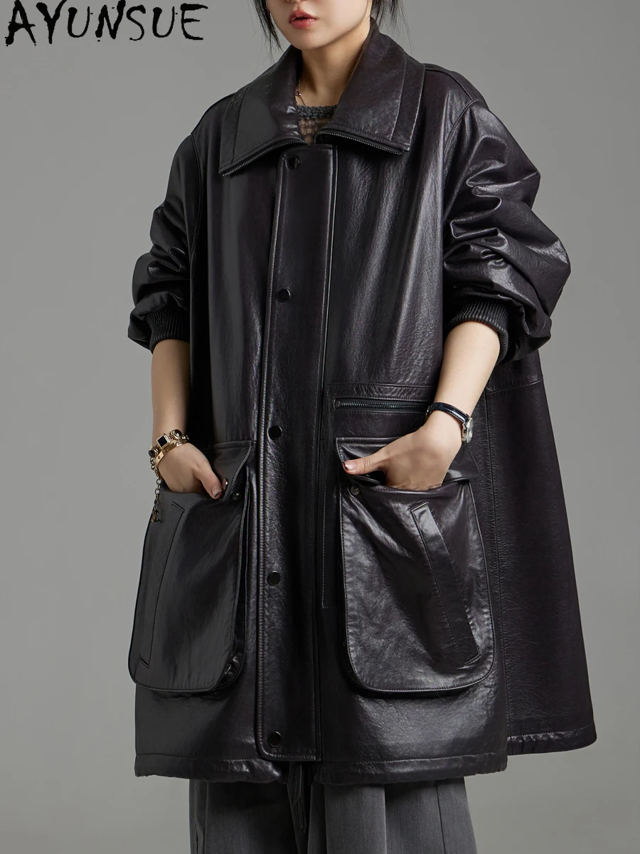 AYUNSUE Echtes Leder Jacke Frauen 2025, Echt Schaffell Frauen Mäntel Herbst Kleidung Mid-länge Graben Mantel Jaqueta De Couro