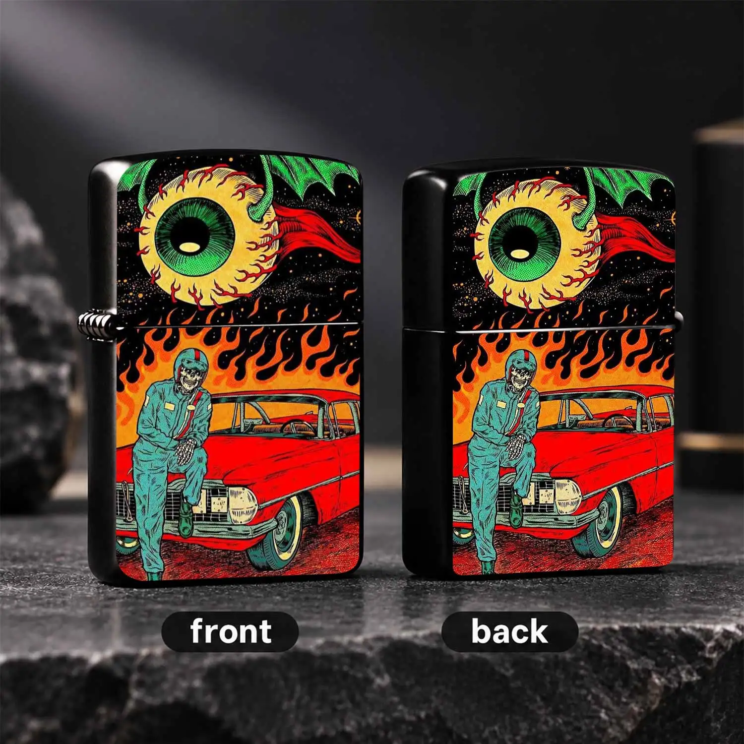 Vintage Psychedelic Skeleton Driver Lighter, Retro Eyeball Monster Flaming Space Art Pattern, Cool Street Art Style Portable Ignition Accessory, Ideal For Daily Use, Outdoor Trips, Gatherings, Perfect As Unique Gift For Art Enthusiasts A Hu