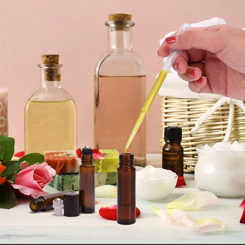 5 szt. Puste buteleczki z bursztynowego szkła na olejki eteryczne z aplikatorem roll-on, mini fiolki, pojemniki na próbki do aromaterapii i perfum, 1/2/3/5/10 ml