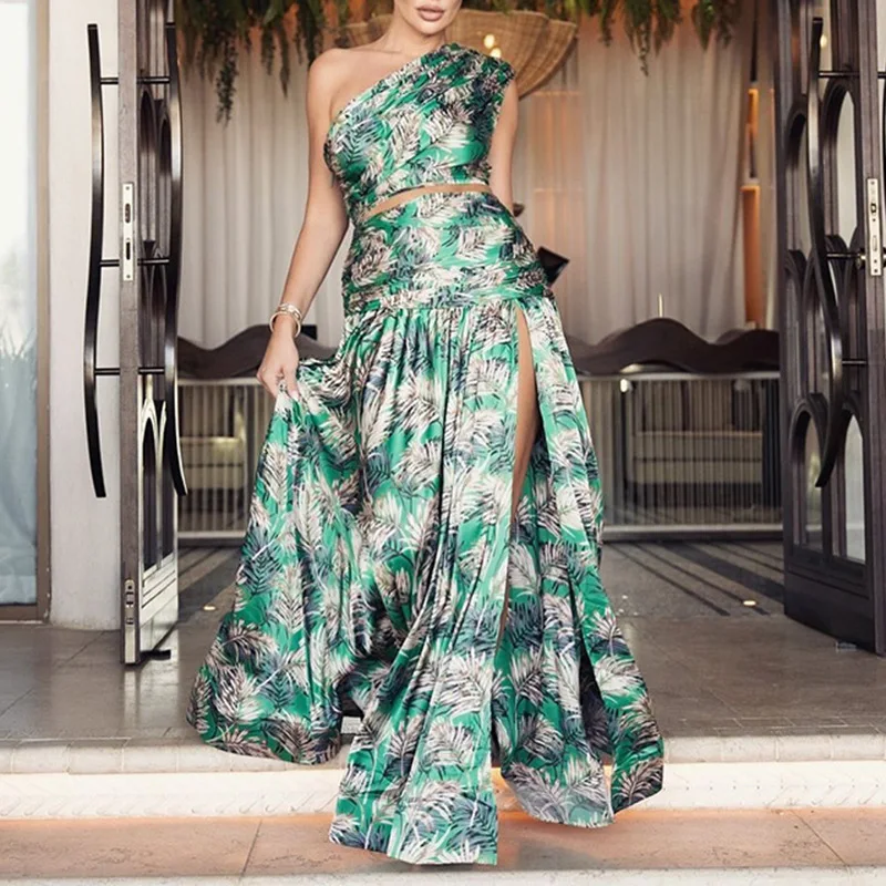 Robes de soirée d'anniversaire sexy pour femmes 2025 été vert rétro imprimé épaule inclinée sans manches robes de fête de vacances