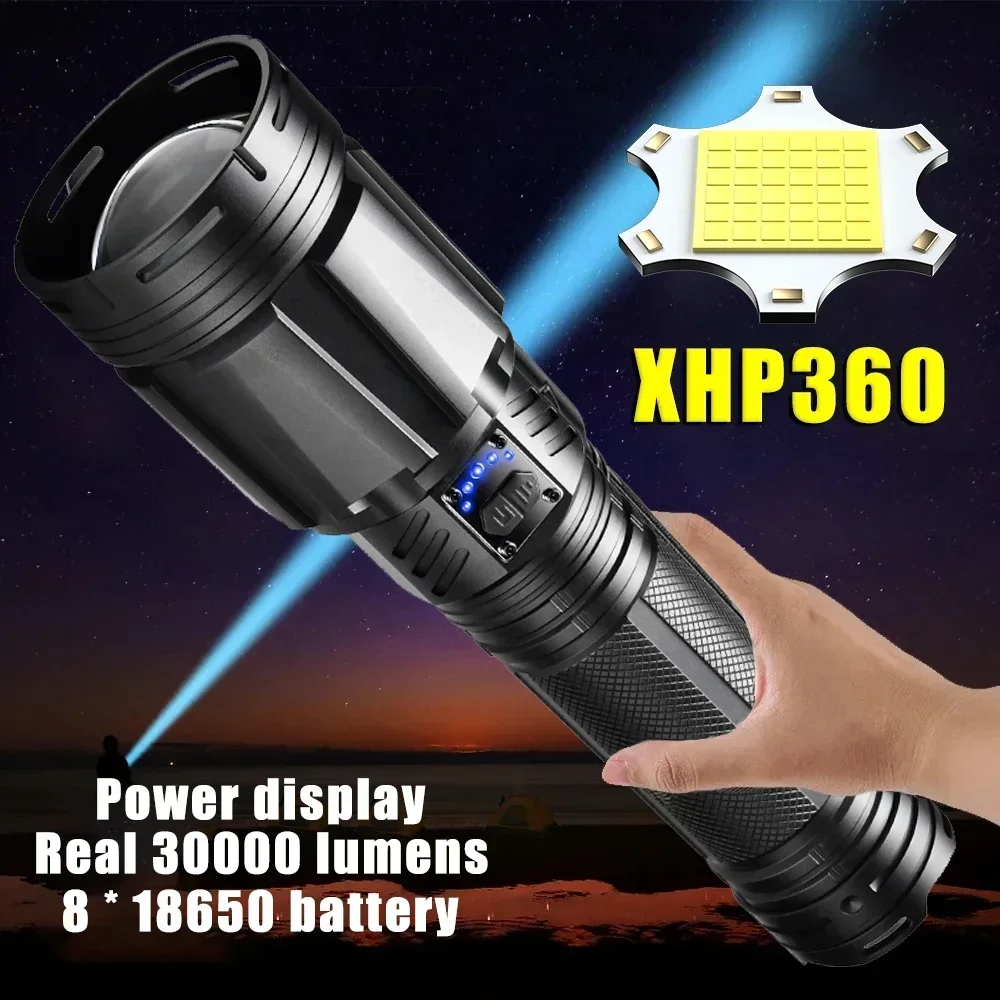 XHP360 Strong Light Flashlight Outdoor Waterproof Powerful Flashlight Solar Panel Charging Battery Display with Telescopic Zoom