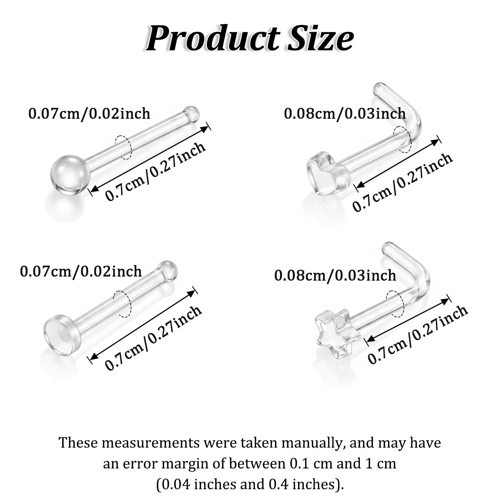 Clear Nose Studs 24Pcs 14G Straight L Shape Plastic for Work 2mm Round Star Heart Top Invisible Piercing for Surgery Sport 7mm