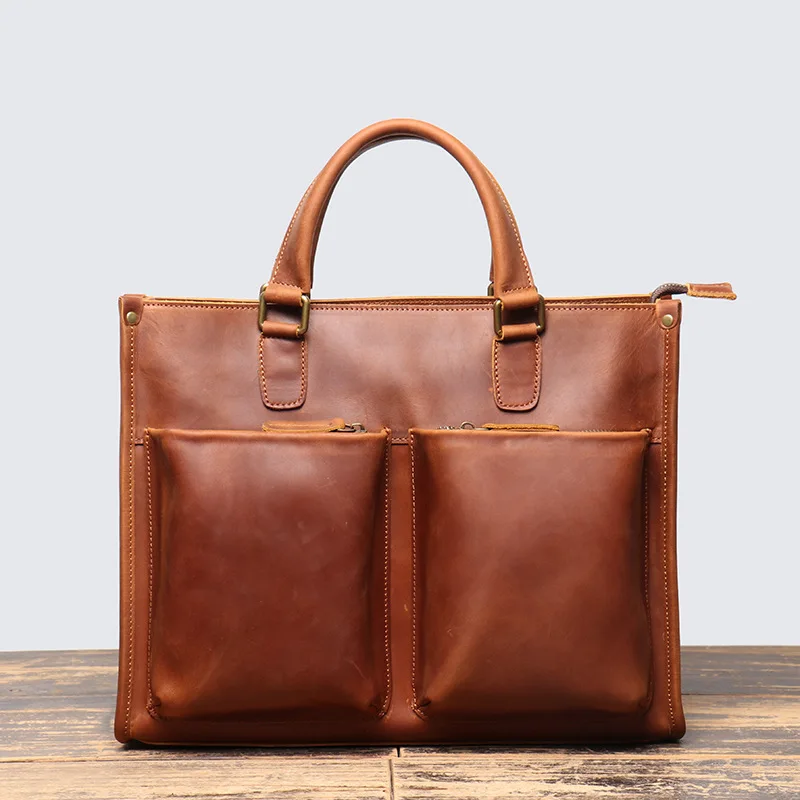 

Vintage Men's Leather Top-Handle Bag with Crazy Horse Skin, Handmade Shoulder Messenger Bag for Laptop and Documents