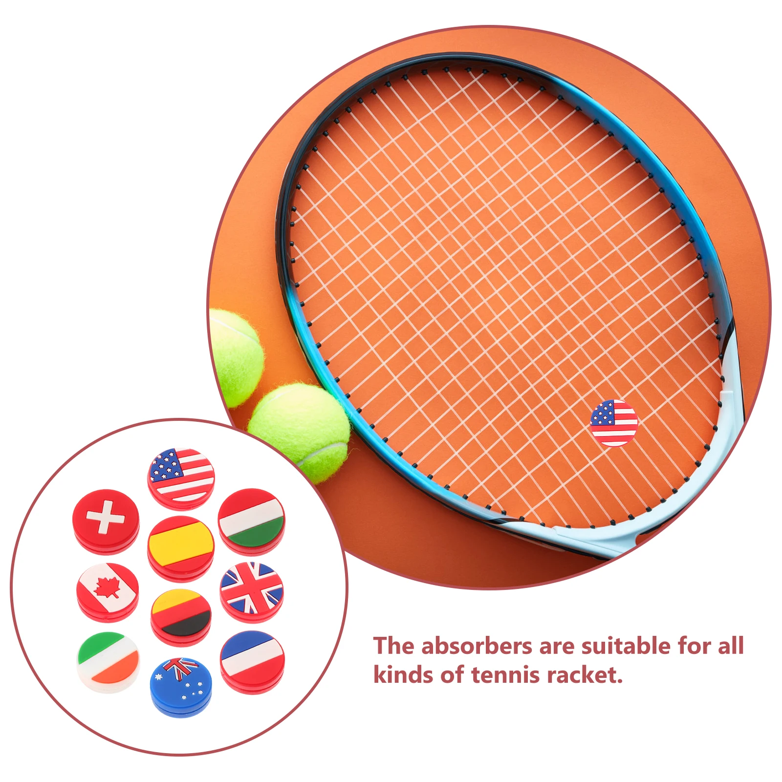 

10 pcs Tennis Racket Dampeners Silicone Absorbers Vibration Reducer National Flag Design Round Shape Suitable All Rackets Stable